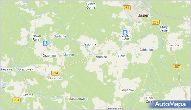 mapa Bronice gmina Jasień, Bronice gmina Jasień na mapie Targeo