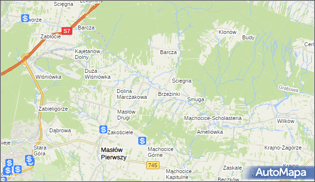 mapa Brzezinki gmina Masłów, Brzezinki gmina Masłów na mapie Targeo