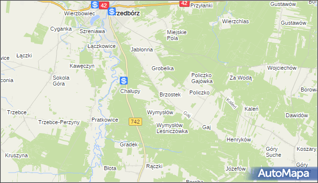 mapa Brzostek gmina Przedbórz, Brzostek gmina Przedbórz na mapie Targeo