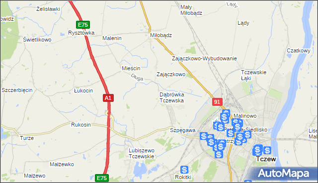 mapa Dąbrówka Tczewska, Dąbrówka Tczewska na mapie Targeo