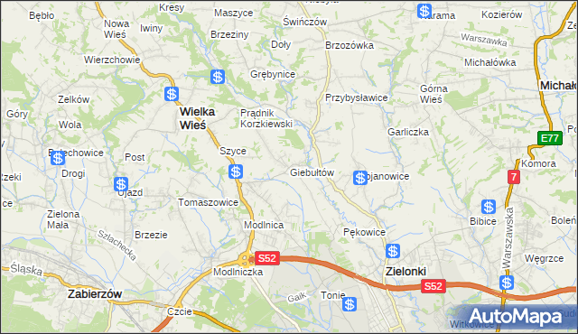 mapa Giebułtów gmina Wielka Wieś, Giebułtów gmina Wielka Wieś na mapie Targeo