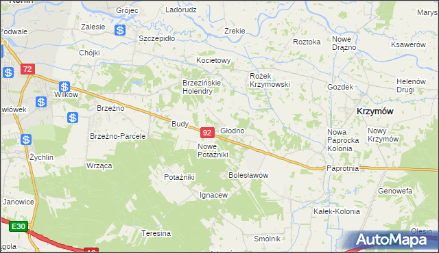 mapa Głodno gmina Krzymów, Głodno gmina Krzymów na mapie Targeo