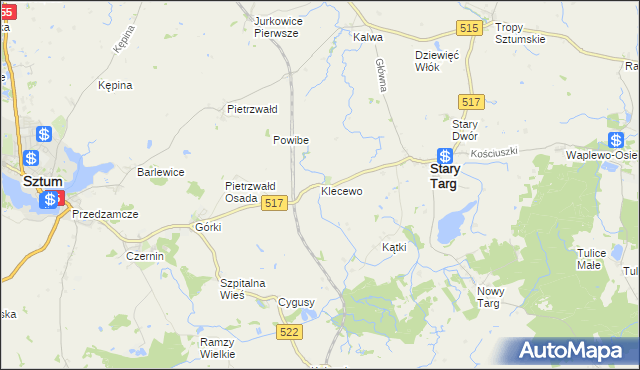 mapa Klecewo gmina Stary Targ, Klecewo gmina Stary Targ na mapie Targeo
