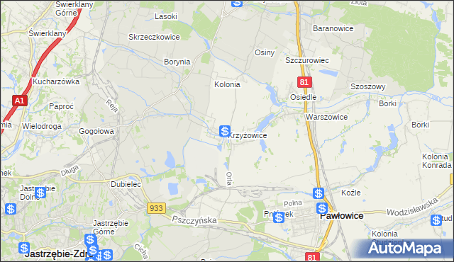 mapa Krzyżowice gmina Pawłowice, Krzyżowice gmina Pawłowice na mapie Targeo