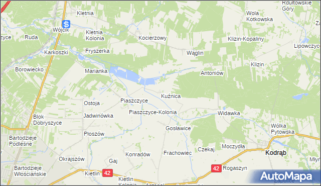 mapa Kuźnica gmina Kodrąb, Kuźnica gmina Kodrąb na mapie Targeo