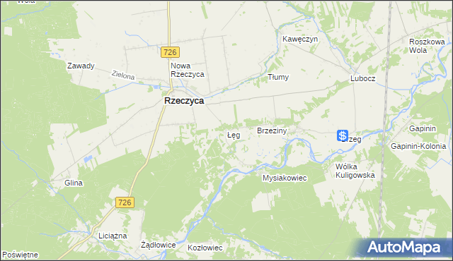mapa Łęg gmina Rzeczyca, Łęg gmina Rzeczyca na mapie Targeo