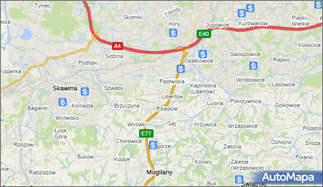 mapa Libertów gmina Mogilany, Libertów gmina Mogilany na mapie Targeo