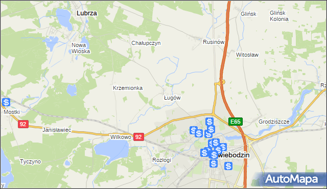 mapa Ługów gmina Świebodzin, Ługów gmina Świebodzin na mapie Targeo