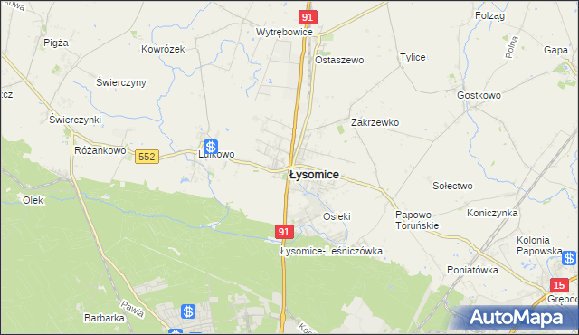 mapa Łysomice powiat toruński, Łysomice powiat toruński na mapie Targeo