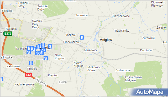 mapa Minkowice gmina Mełgiew, Minkowice gmina Mełgiew na mapie Targeo