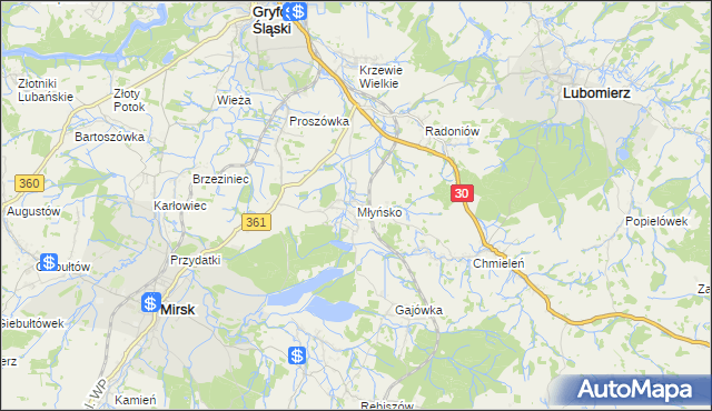 mapa Młyńsko gmina Gryfów Śląski, Młyńsko gmina Gryfów Śląski na mapie Targeo