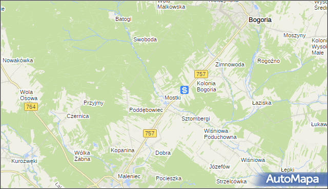 mapa Mostki gmina Staszów, Mostki gmina Staszów na mapie Targeo