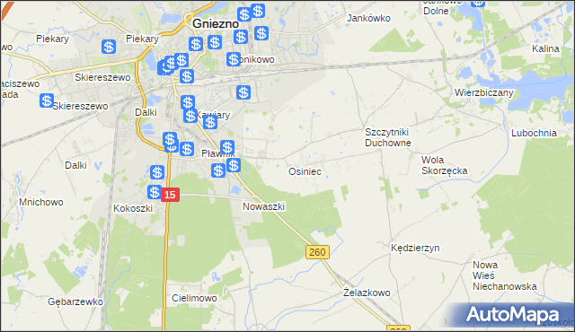 mapa Osiniec gmina Gniezno, Osiniec gmina Gniezno na mapie Targeo