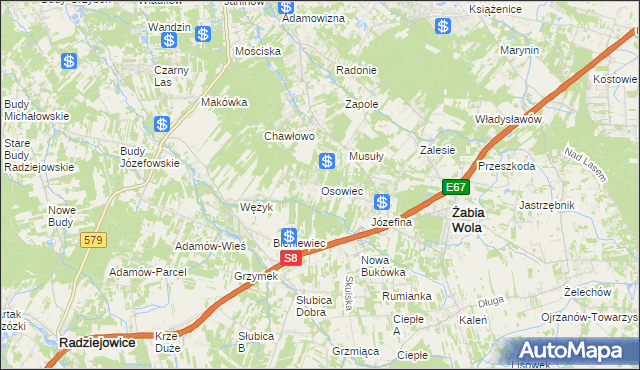 mapa Osowiec gmina Żabia Wola, Osowiec gmina Żabia Wola na mapie Targeo