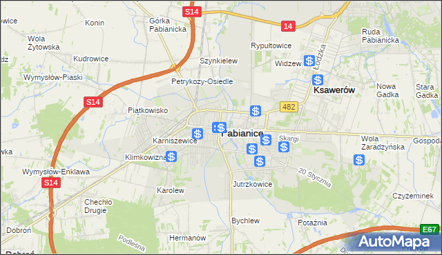 mapa Pabianic, Pabianice na mapie Targeo