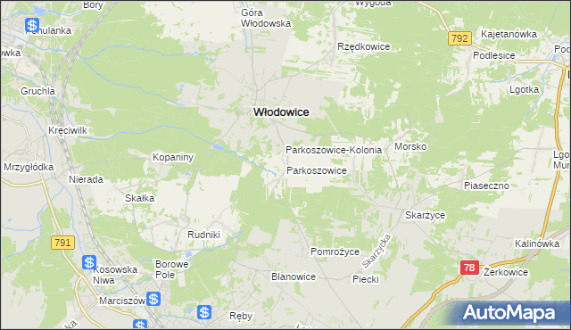 mapa Parkoszowice gmina Włodowice, Parkoszowice gmina Włodowice na mapie Targeo