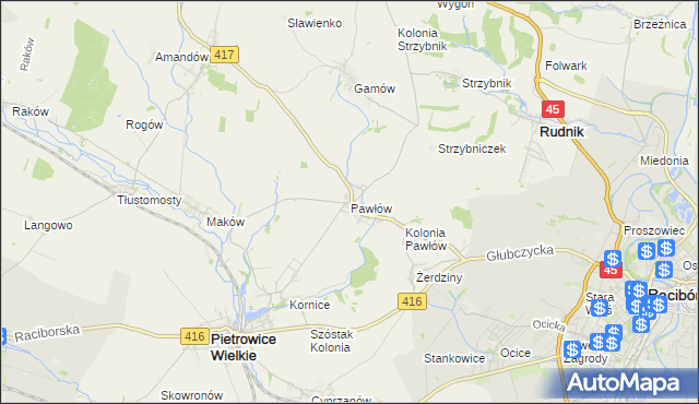 mapa Pawłów gmina Pietrowice Wielkie, Pawłów gmina Pietrowice Wielkie na mapie Targeo