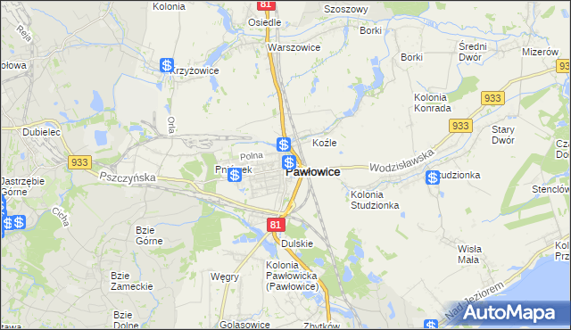 mapa Pawłowice powiat pszczyński, Pawłowice powiat pszczyński na mapie Targeo
