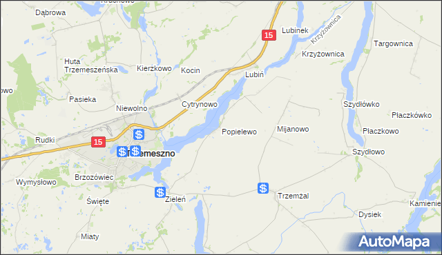 mapa Popielewo gmina Trzemeszno, Popielewo gmina Trzemeszno na mapie Targeo