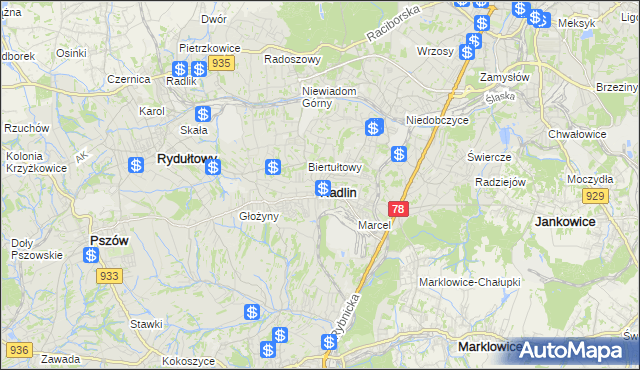 mapa Radlin powiat wodzisławski, Radlin powiat wodzisławski na mapie Targeo