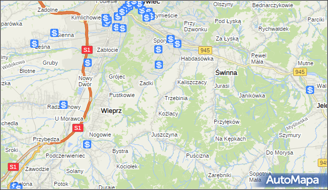 mapa Trzebinia gmina Świnna, Trzebinia gmina Świnna na mapie Targeo