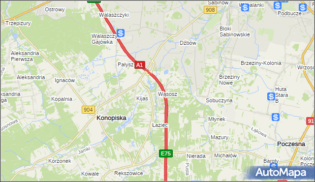 mapa Wąsosz gmina Konopiska, Wąsosz gmina Konopiska na mapie Targeo