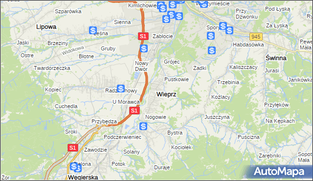 mapa Wieprz gmina Radziechowy-Wieprz, Wieprz gmina Radziechowy-Wieprz na mapie Targeo