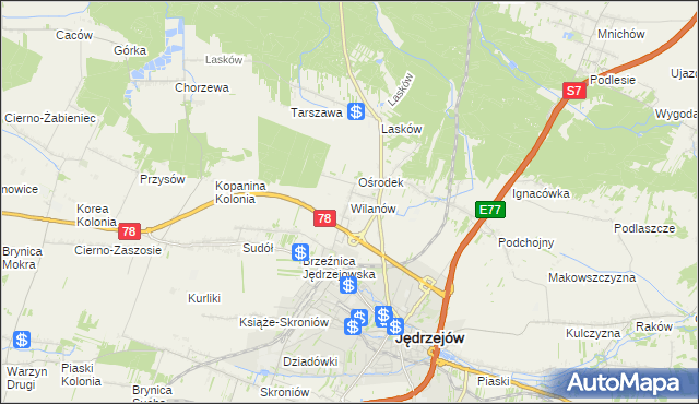 mapa Wilanów gmina Jędrzejów, Wilanów gmina Jędrzejów na mapie Targeo