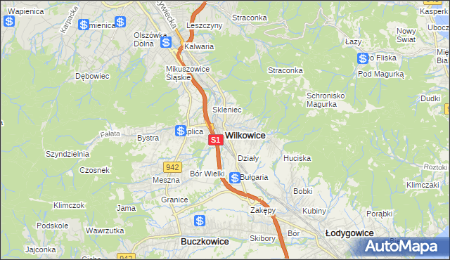 mapa Wilkowice powiat bielski, Wilkowice powiat bielski na mapie Targeo