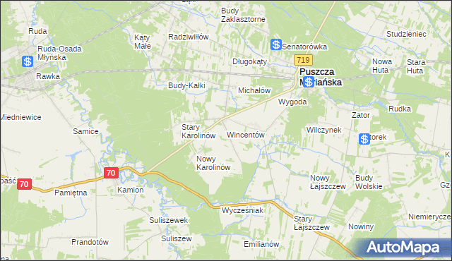 mapa Wincentów gmina Puszcza Mariańska, Wincentów gmina Puszcza Mariańska na mapie Targeo