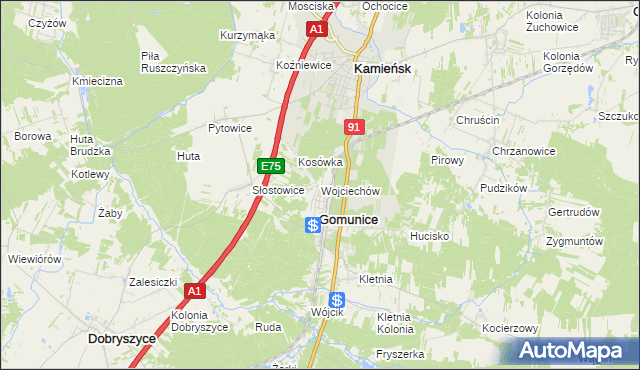 mapa Wojciechów gmina Gomunice, Wojciechów gmina Gomunice na mapie Targeo