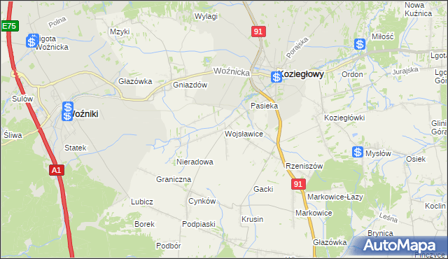 mapa Wojsławice gmina Koziegłowy, Wojsławice gmina Koziegłowy na mapie Targeo
