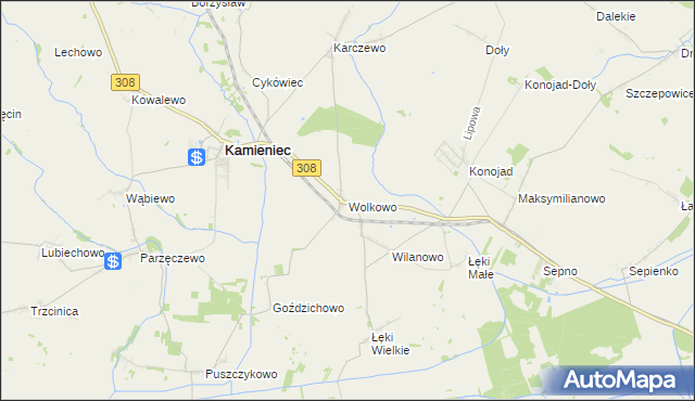 mapa Wolkowo gmina Kamieniec, Wolkowo gmina Kamieniec na mapie Targeo