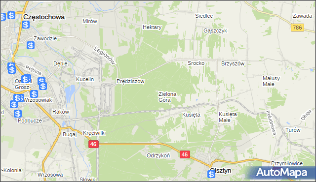 mapa Zielona Góra gmina Olsztyn, Zielona Góra gmina Olsztyn na mapie Targeo
