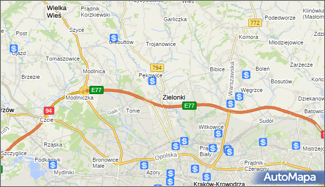 mapa Zielonki powiat krakowski, Zielonki powiat krakowski na mapie Targeo