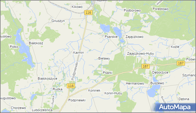 mapa Bielawy gmina Pniewy, Bielawy gmina Pniewy na mapie Targeo