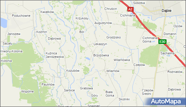 mapa Brzozówka gmina Uniejów, Brzozówka gmina Uniejów na mapie Targeo