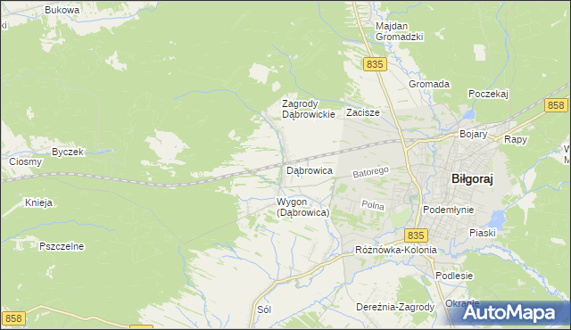 mapa Dąbrowica gmina Biłgoraj, Dąbrowica gmina Biłgoraj na mapie Targeo