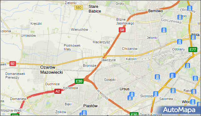 mapa Jawczyce gmina Ożarów Mazowiecki, Jawczyce gmina Ożarów Mazowiecki na mapie Targeo
