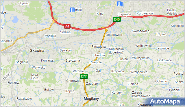 mapa Libertów gmina Mogilany, Libertów gmina Mogilany na mapie Targeo