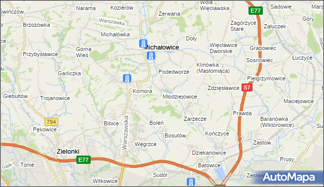 mapa Młodziejowice gmina Michałowice, Młodziejowice gmina Michałowice na mapie Targeo