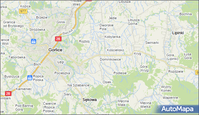 mapa Dominikowice gmina Gorlice, Dominikowice gmina Gorlice na mapie Targeo