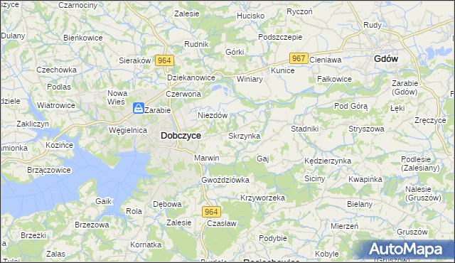 mapa Skrzynka gmina Dobczyce, Skrzynka gmina Dobczyce na mapie Targeo