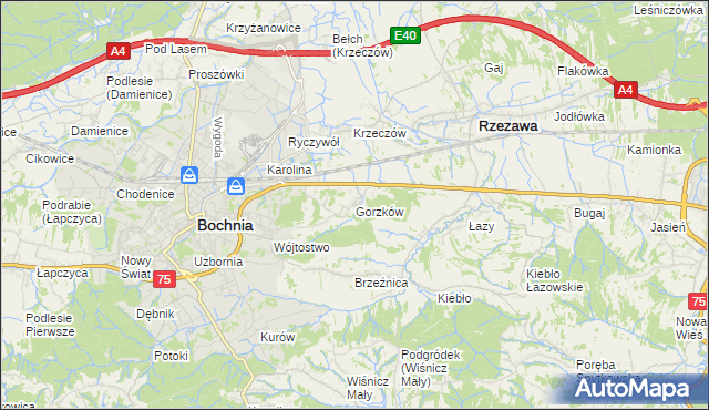 mapa Gorzków gmina Bochnia, Gorzków gmina Bochnia na mapie Targeo
