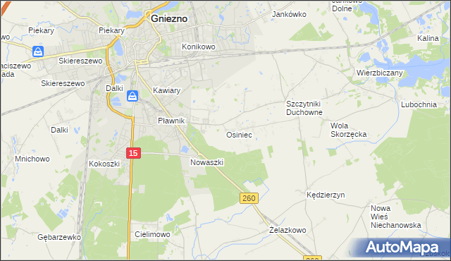 mapa Osiniec gmina Gniezno, Osiniec gmina Gniezno na mapie Targeo
