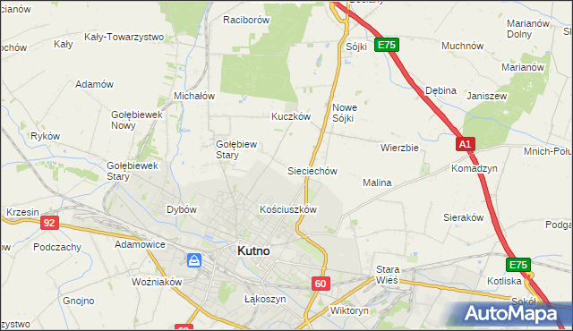 mapa Sieciechów gmina Kutno, Sieciechów gmina Kutno na mapie Targeo
