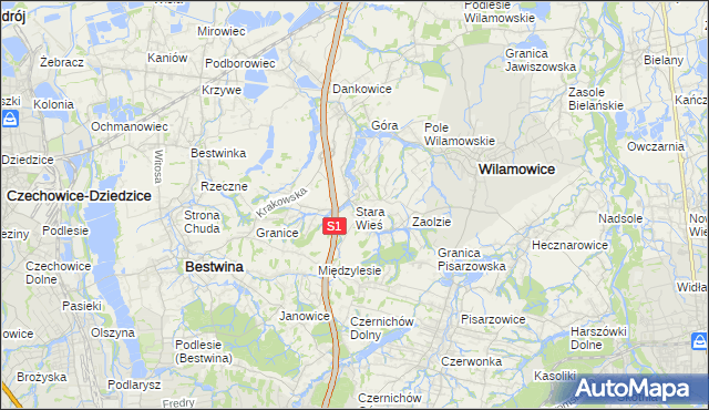 mapa Stara Wieś gmina Wilamowice, Stara Wieś gmina Wilamowice na mapie Targeo