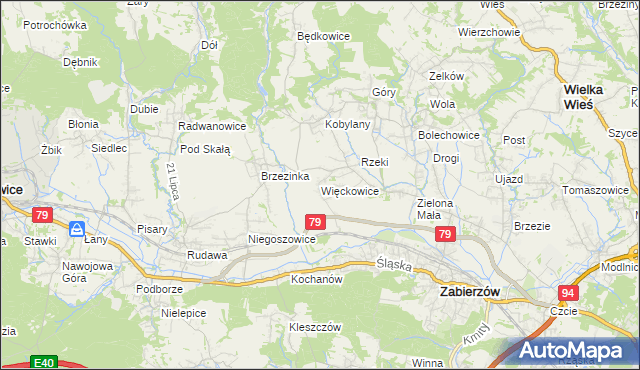 mapa Więckowice gmina Zabierzów, Więckowice gmina Zabierzów na mapie Targeo