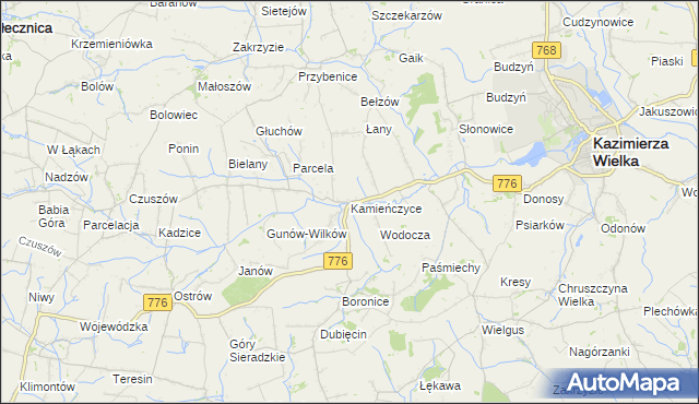 mapa Kamieńczyce gmina Kazimierza Wielka, Kamieńczyce gmina Kazimierza Wielka na mapie Targeo