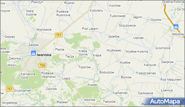 mapa Krępa gmina Iwaniska, Krępa gmina Iwaniska na mapie Targeo